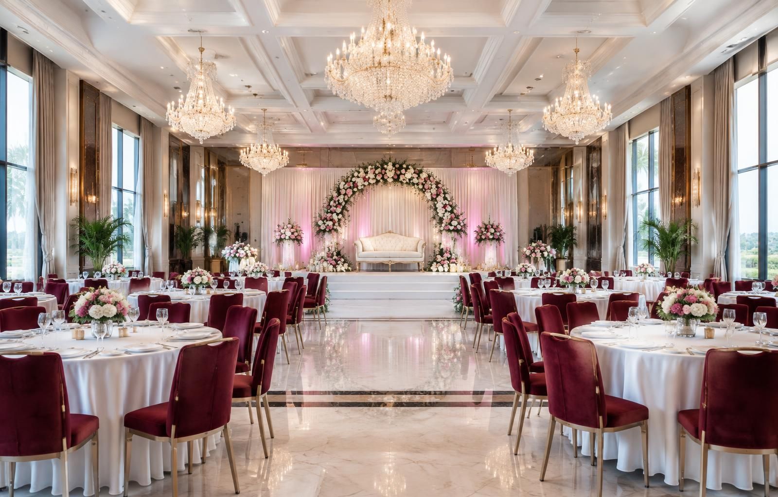 Illustrative engagement banquet hall with a pink floral arch