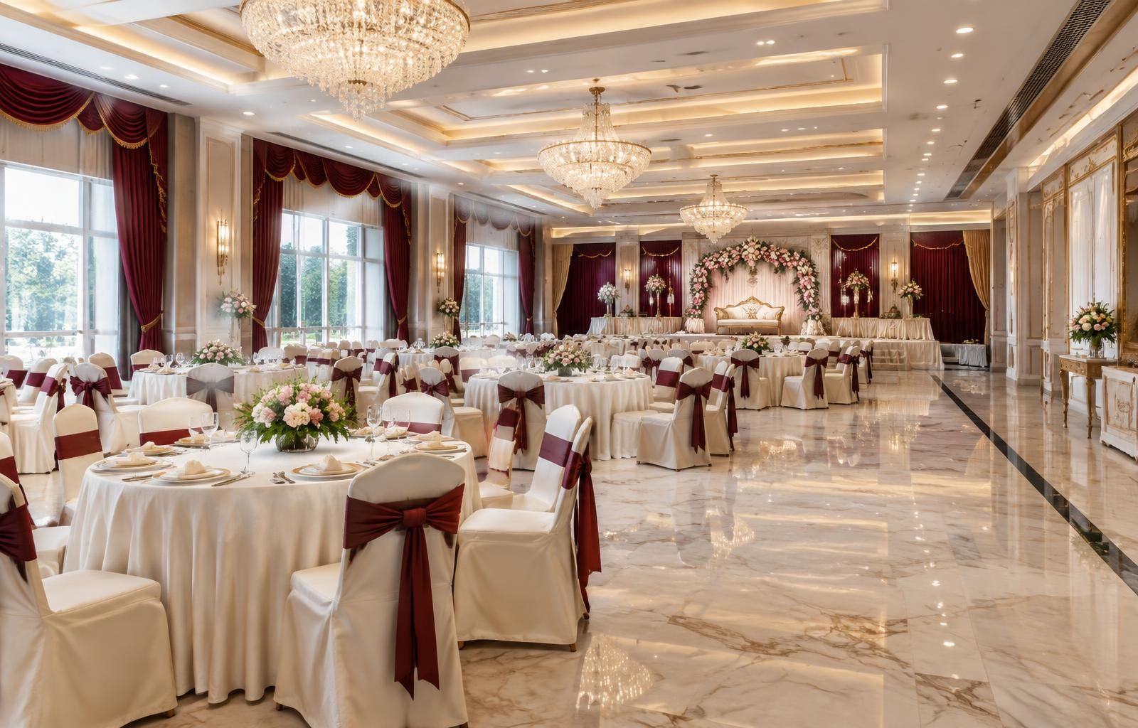 Illustrative reception hall with floral tables and a decorated stage