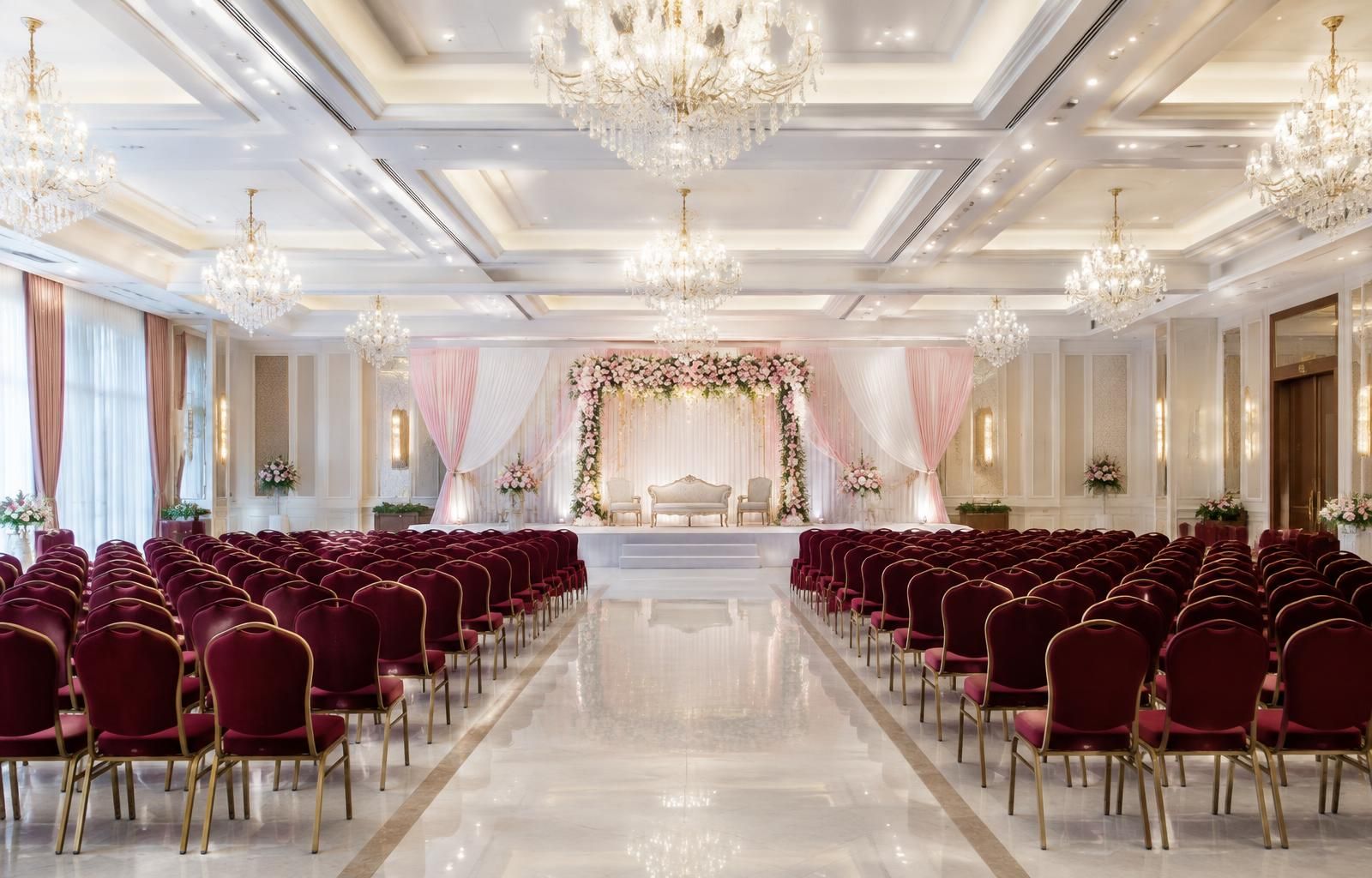 Illustrative banquet hall with a floral wedding stage and burgundy seating