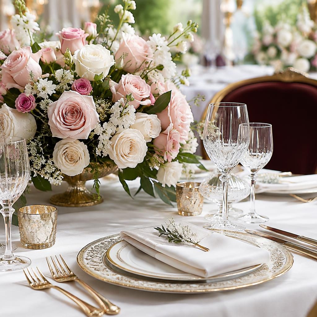 Illustrative celebration table with pink flowers, crystal glasses and gold place settings